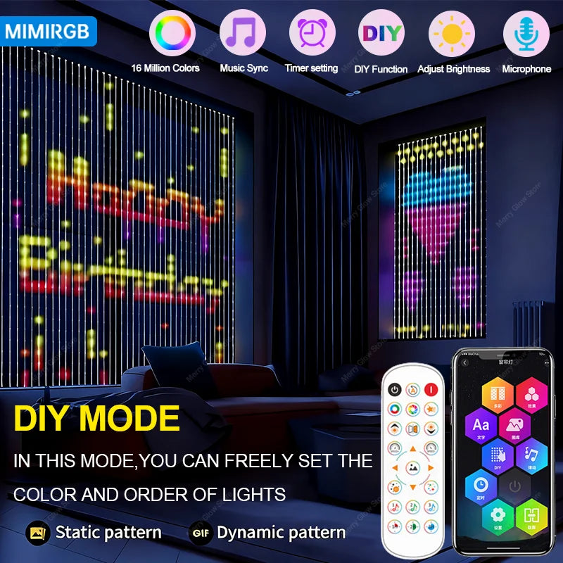 2m*2m/3m Smart Curtain Lights Bluetooth App LED String RGB Fairy Lights DIY Music Change Display for Window Bedroom Decoration