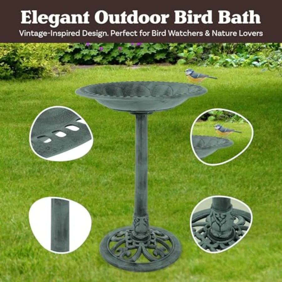 Pure Garden 50-LG1072 Antique Bird Bath-Weather Resistant Resin Birdbath with Vintage Scroll Design, 3 Ground Stakes for Garden