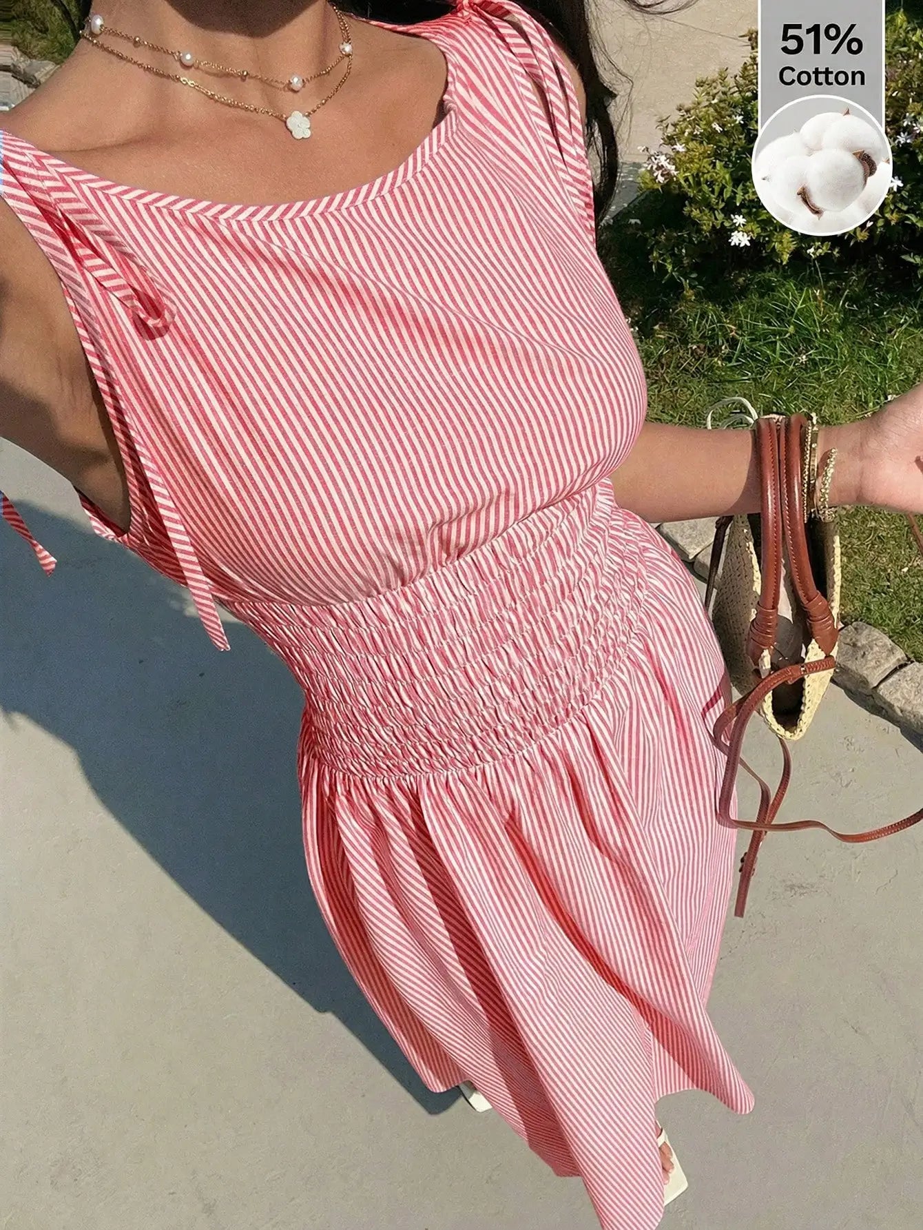 Blue Striped Midi Dress With Smocked Waist, Tie-Shoulder Detail, And Flowy Fit For Casual, Beach, Or Party Occasions