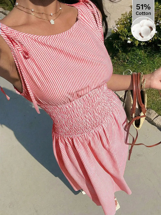 Blue Striped Midi Dress With Smocked Waist, Tie-Shoulder Detail, And Flowy Fit For Casual, Beach, Or Party Occasions