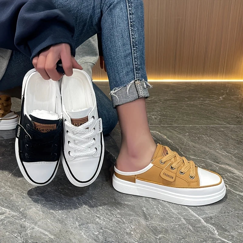 Women Backless Mule Sneakers, Thick Platform Slip On Canvas Slippers, No Lace Half Shoes, Casual Chunky Sole Mules, Non-slip Soft Bottom Daily Walking Shoes, Fashion All-match Lazy Slippers for Summer Daily Outdoor Wear