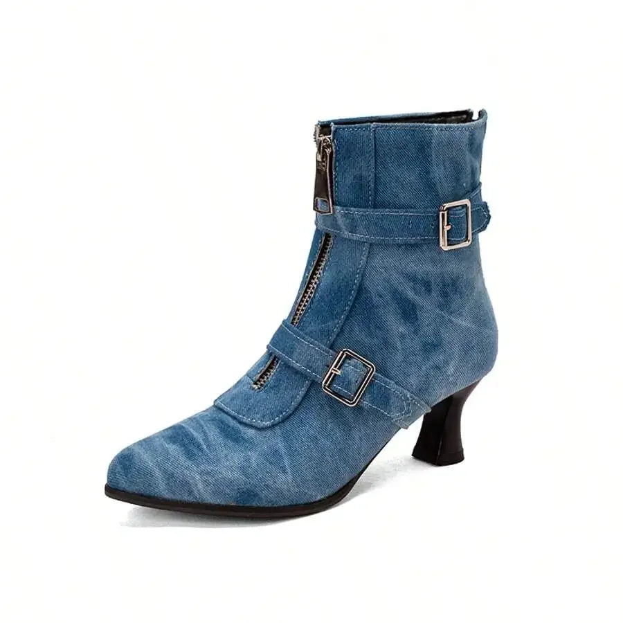 Denim Ankle Boots With Zipper And Buckle Strap Low Kitten Heel Pointed Toe Women Casual Dress Shoes