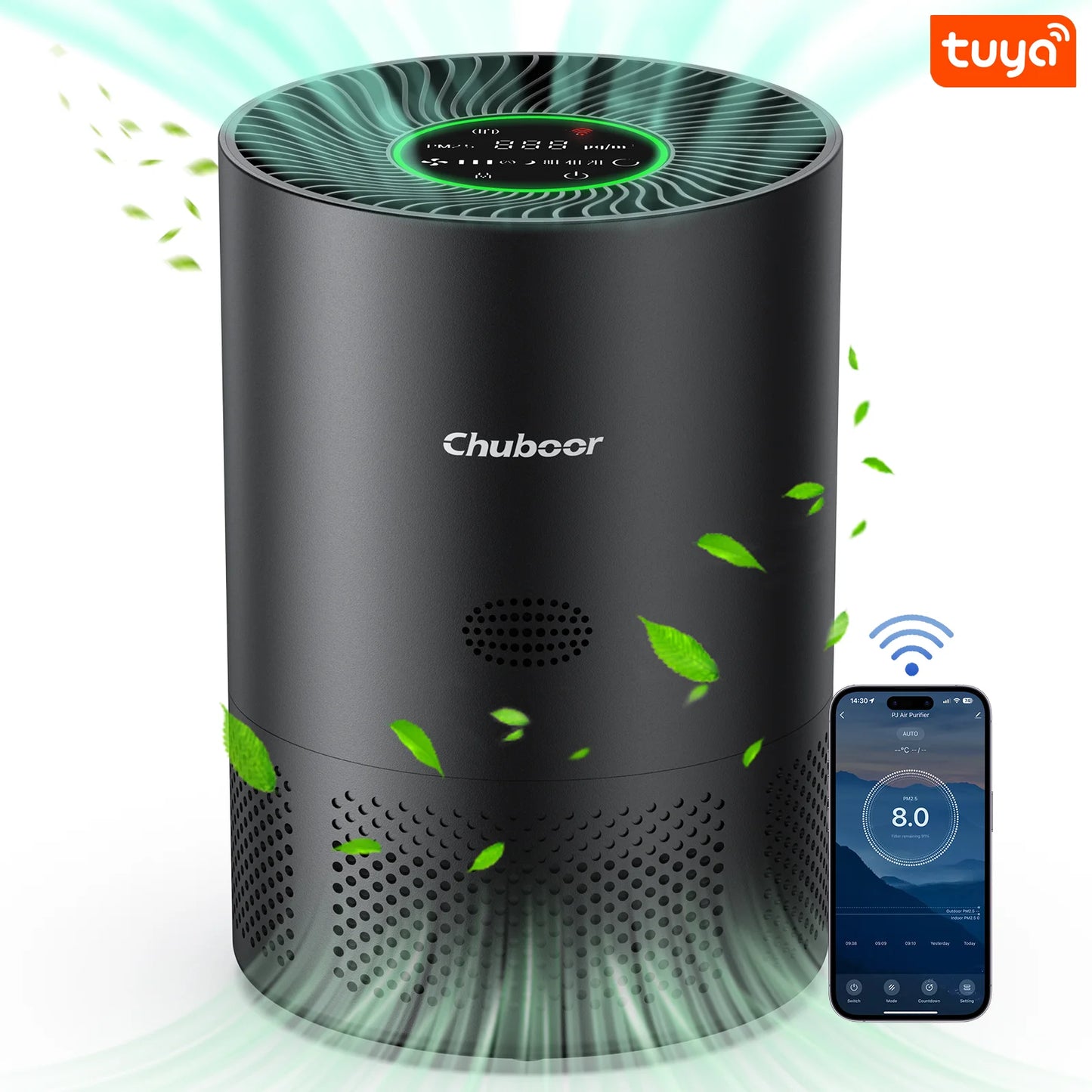 Chuboor Air Purifiers for Home H13 True HEPA for Bedroom Room Kitchen Washroom for Smoke and Dust Pollen Odors PM2.5 Detection 185m³/h CADR Supports Tuya App for 30-40 Square Meters of Clean Purifier Effectively Improve Air