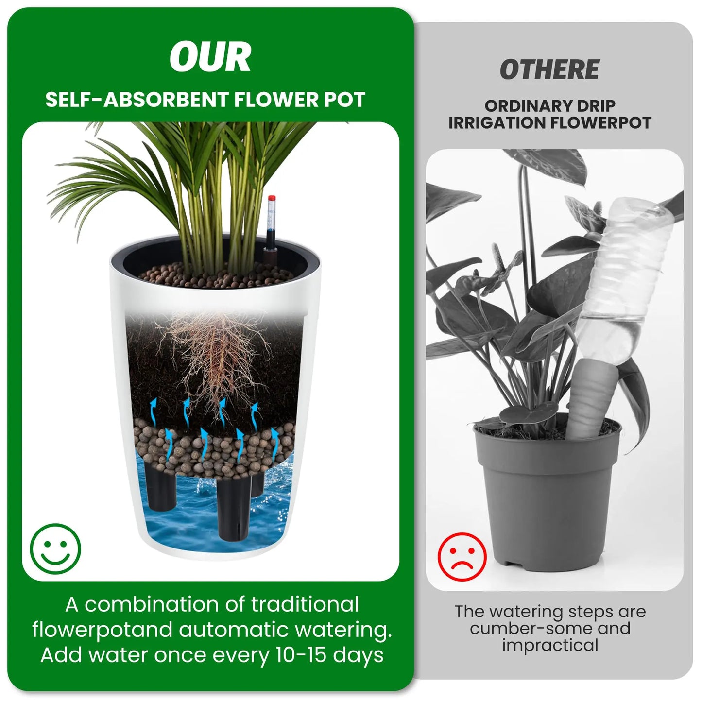 16 Inch Tall Self Watering Planters Set Of 2 With Water Level Indicator, Drainage Reservoir Indoor Outdoor Flower Pots For Patio Porch
