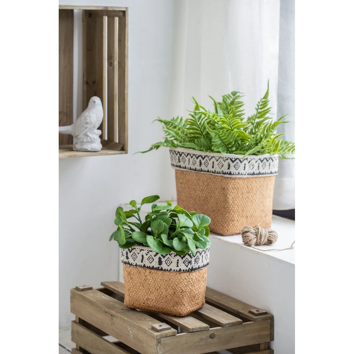 Set of 4 4.3x4.3x4" Gray Sand and Cement Planters with Brown Botanical Motifs On-Site