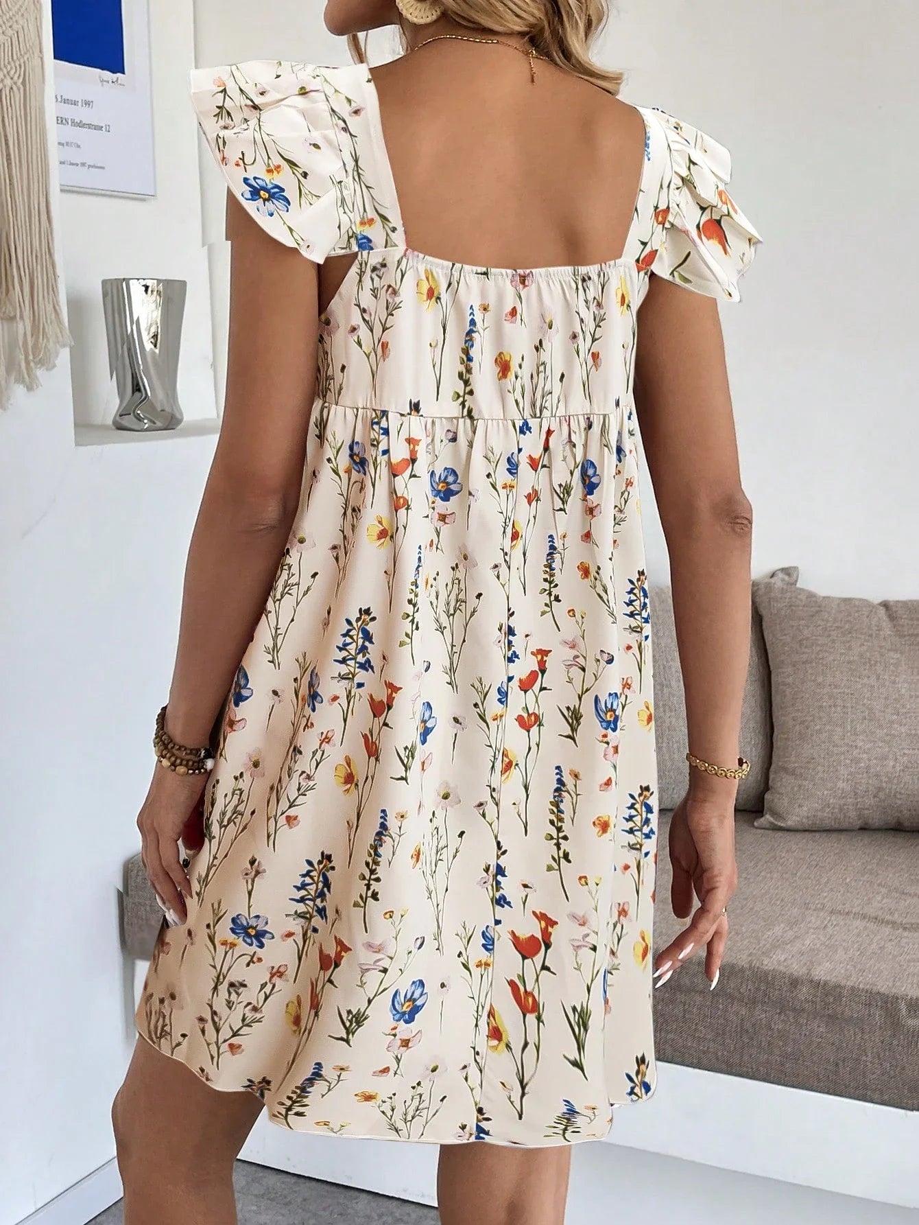 Women Floral Print Square Neck A-Line Short Dress Casual Summer Holiday