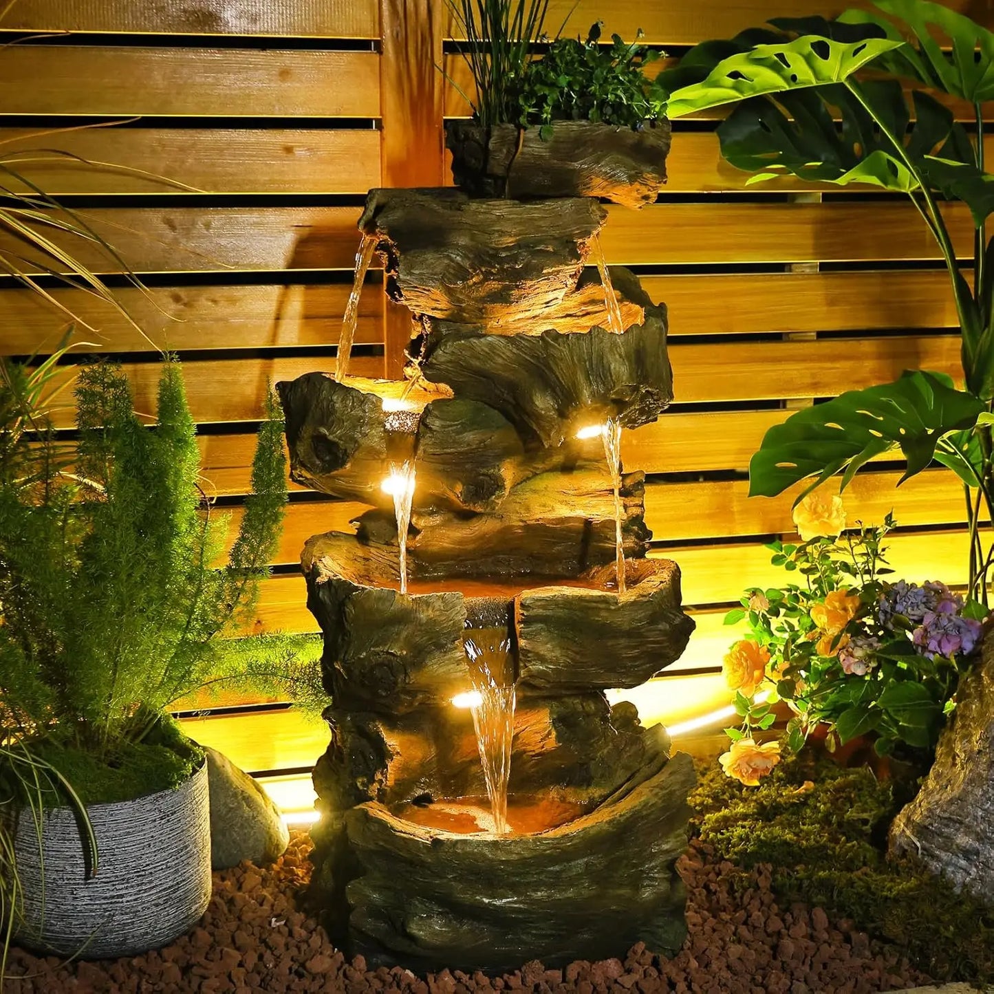 40in 5-Tier Tree Trunk Outdoor Water Fountain LED Garden Patio Backyard Decor, Customized