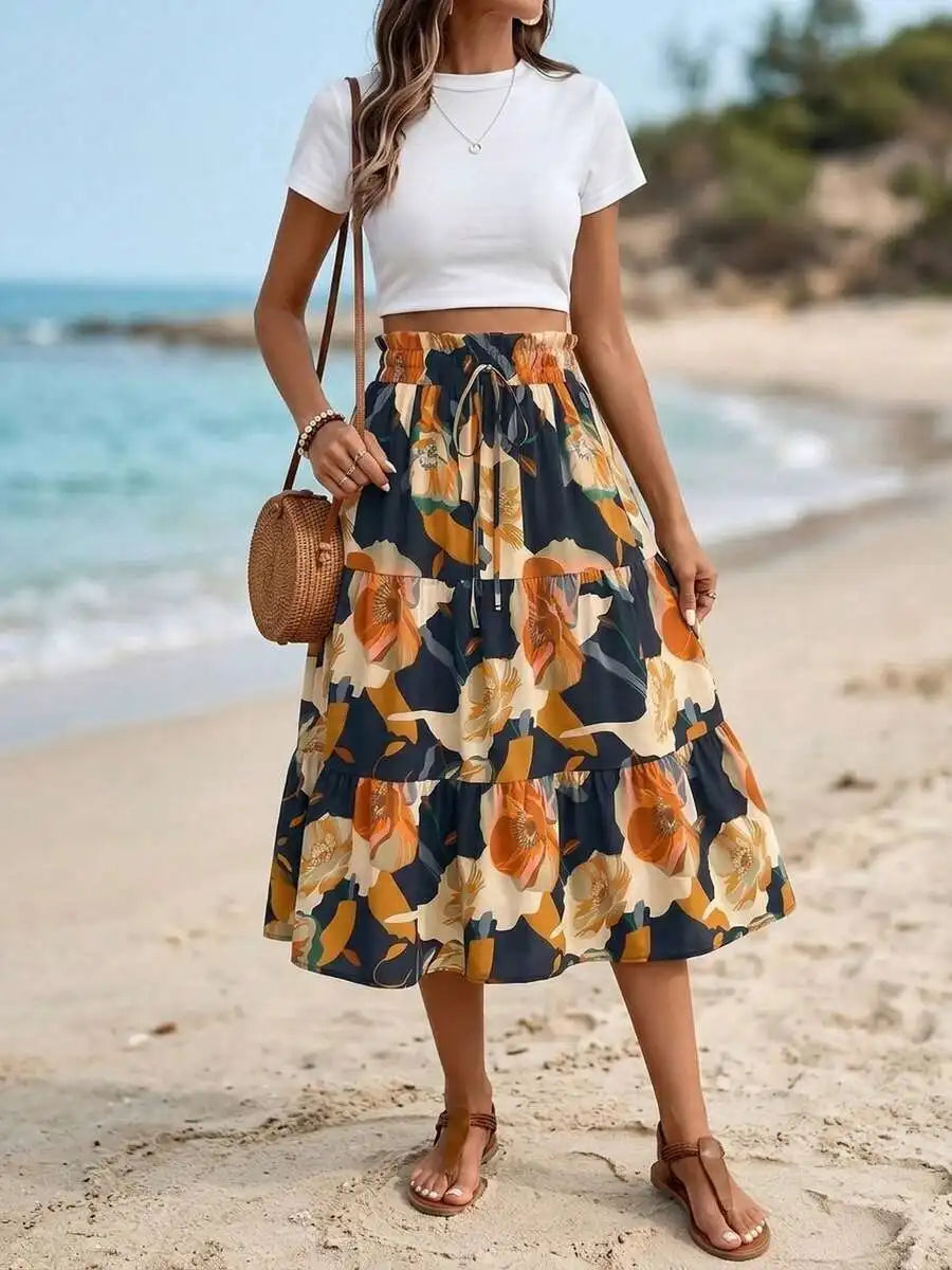 Boho Floral Print Tiered Ruffle Midi Skirt Women High Waist Elastic A-Line Flowy Summer Skirt