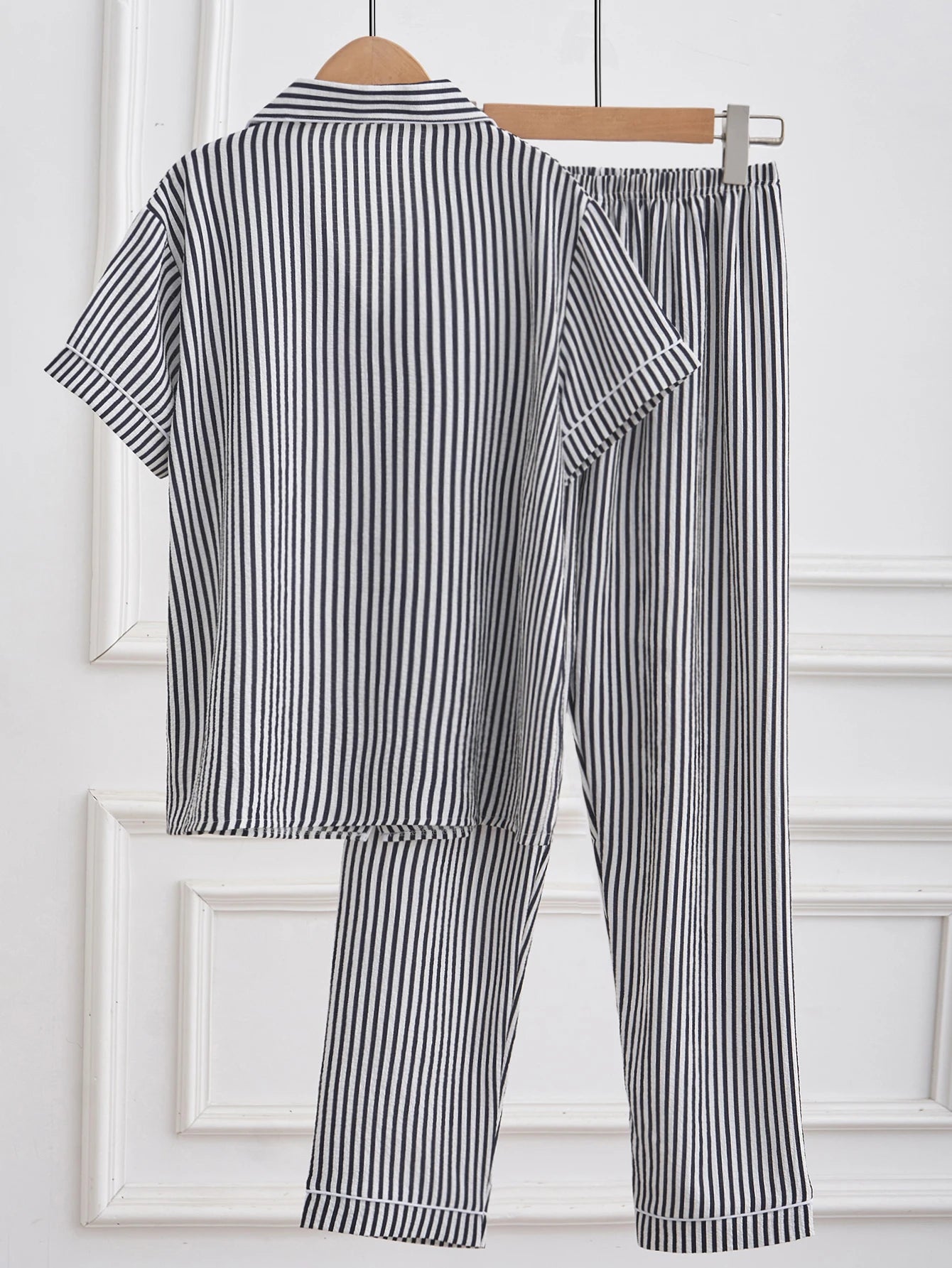Striped Button Down Pajama Set | Short Sleeve Long Pants Breathable Summer Casual Women Sleepwear