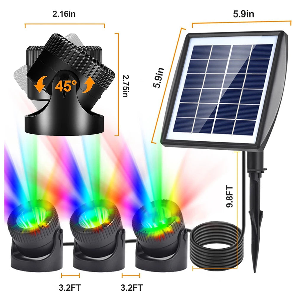 Solar Pond Lights Auto On/Off RGB Underwater Solar Lights Adjustable Angle Solar Spot Lights 3 Light Modes for Pool Tree Walkway