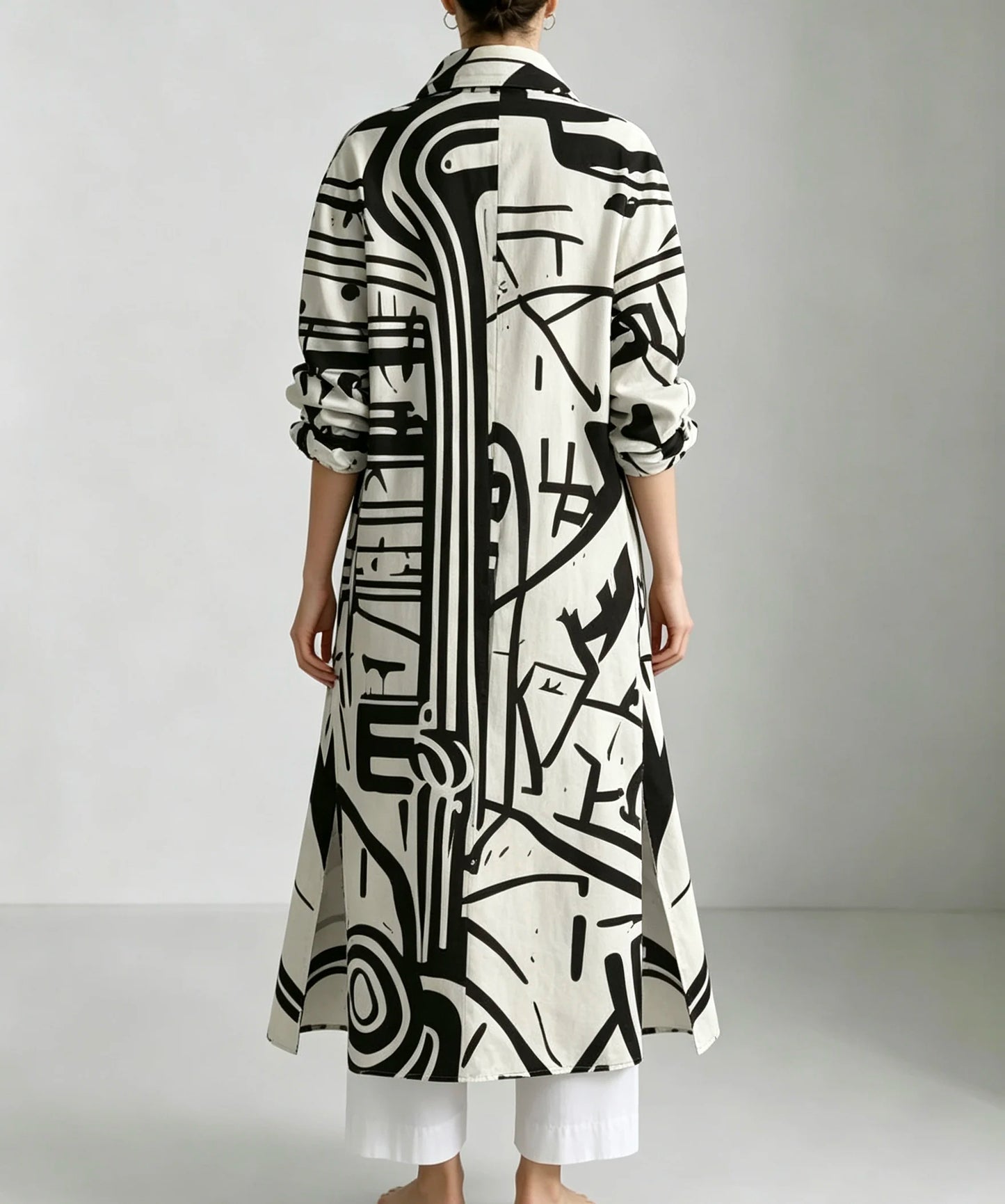 Plus size black and white graffiti print long shirt sun protection cardigan; lapel button-up side slit loose three-quarter sleeve sun protection cardigan long