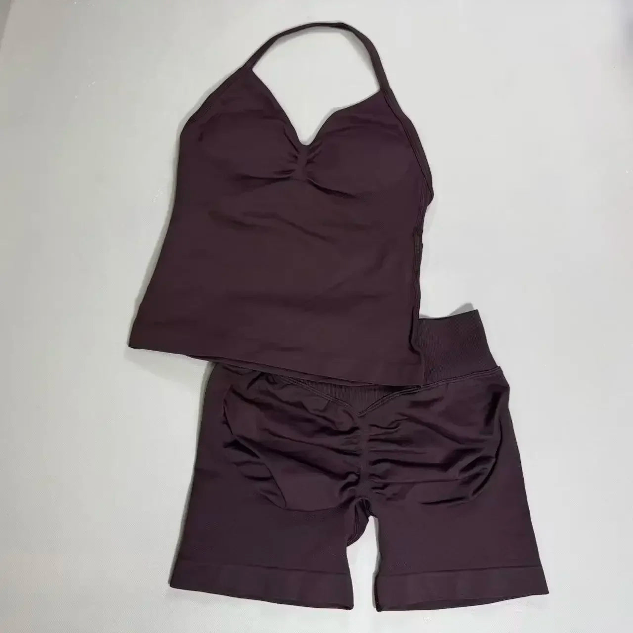 2 Piece UETEEY Sports Set Women Longline Strappy Top Seamless Yoga Tank Scrunch Butt Workout Shorts Suit Gym Sports Sets