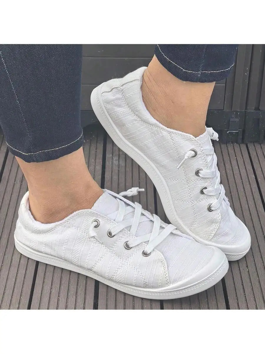 Womens White Lace-Up Flat Canvas Shoes Comfortable Casual Sneakers Spring Summer