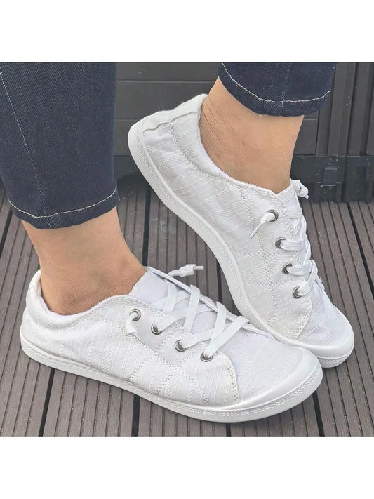 Womens White Lace-Up Flat Canvas Shoes Comfortable Casual Sneakers Spring Summer