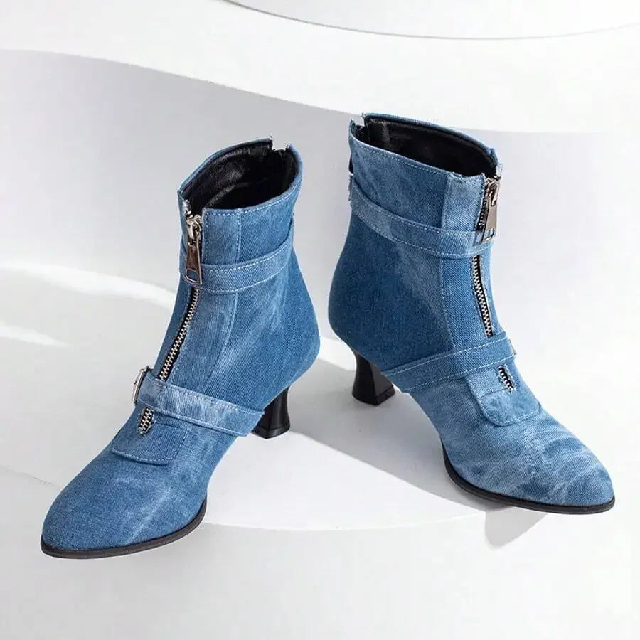 Denim Ankle Boots With Zipper And Buckle Strap Low Kitten Heel Pointed Toe Women Casual Dress Shoes