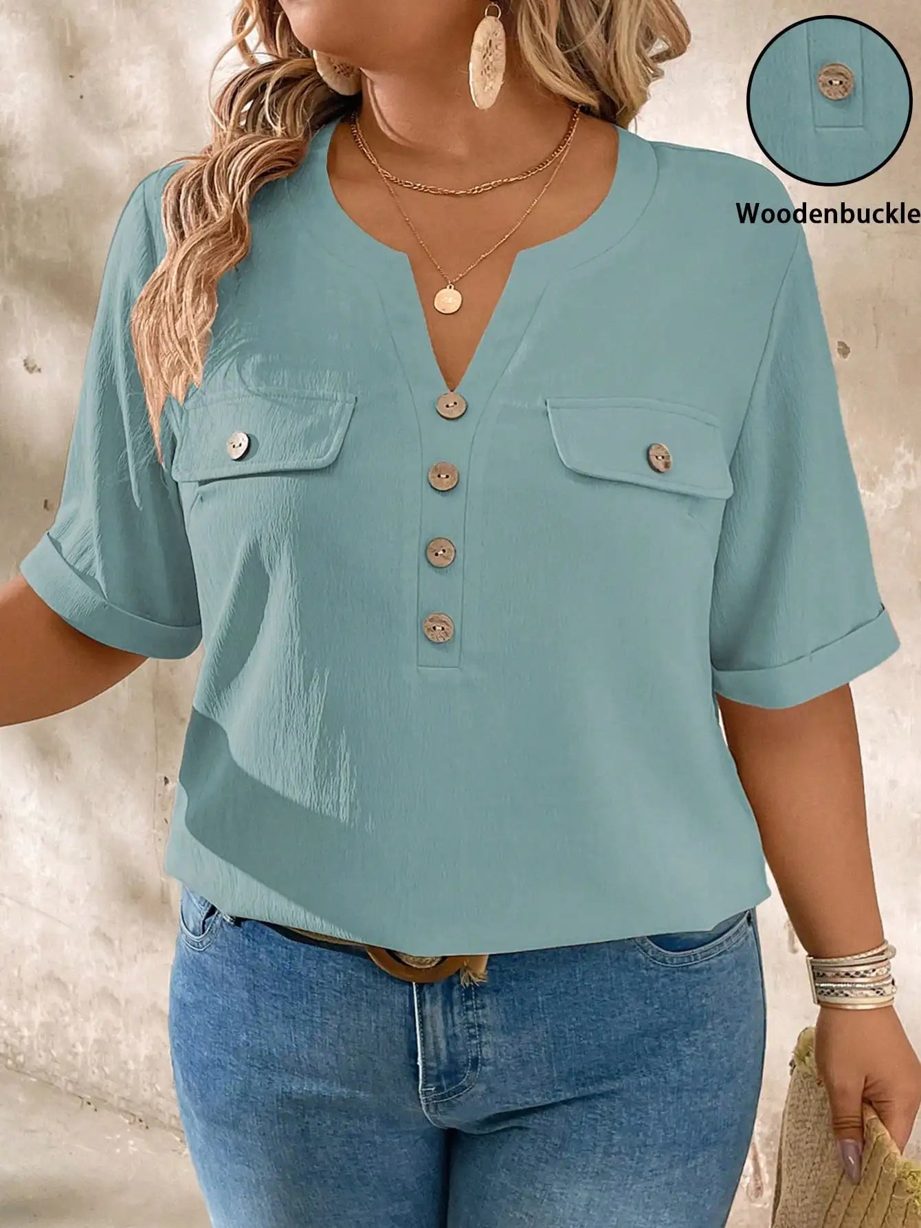 Casual V-Neck Short Sleeve Shirt With Wood Buttons