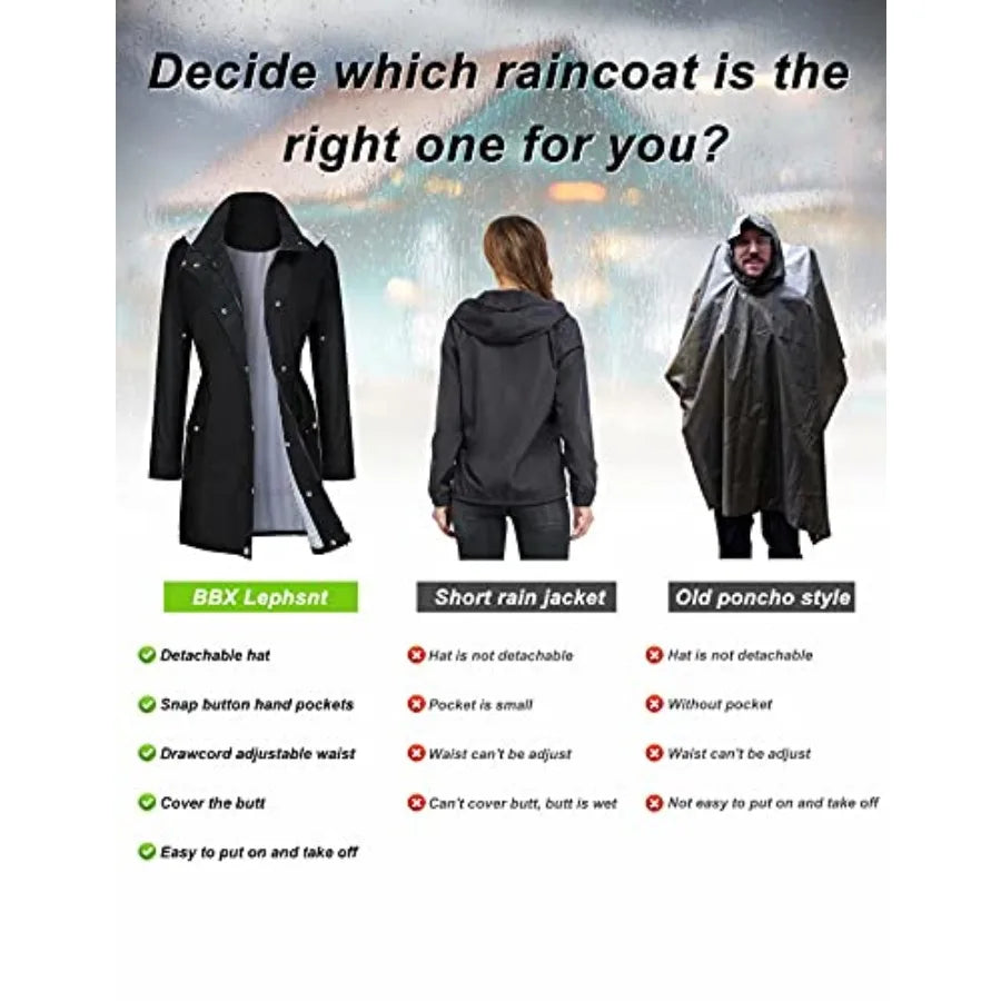 BBX Lephsnt Rain Coats for Women Waterproof Rain Jacket Lightweight Windbreaker Outdoor Hooded Trench Coat