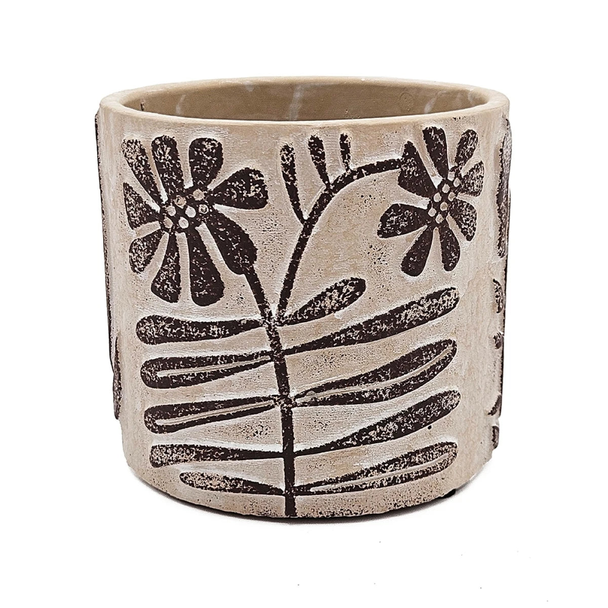 Set of 4 4.3x4.3x4" Gray Sand and Cement Planters with Brown Botanical Motifs On-Site