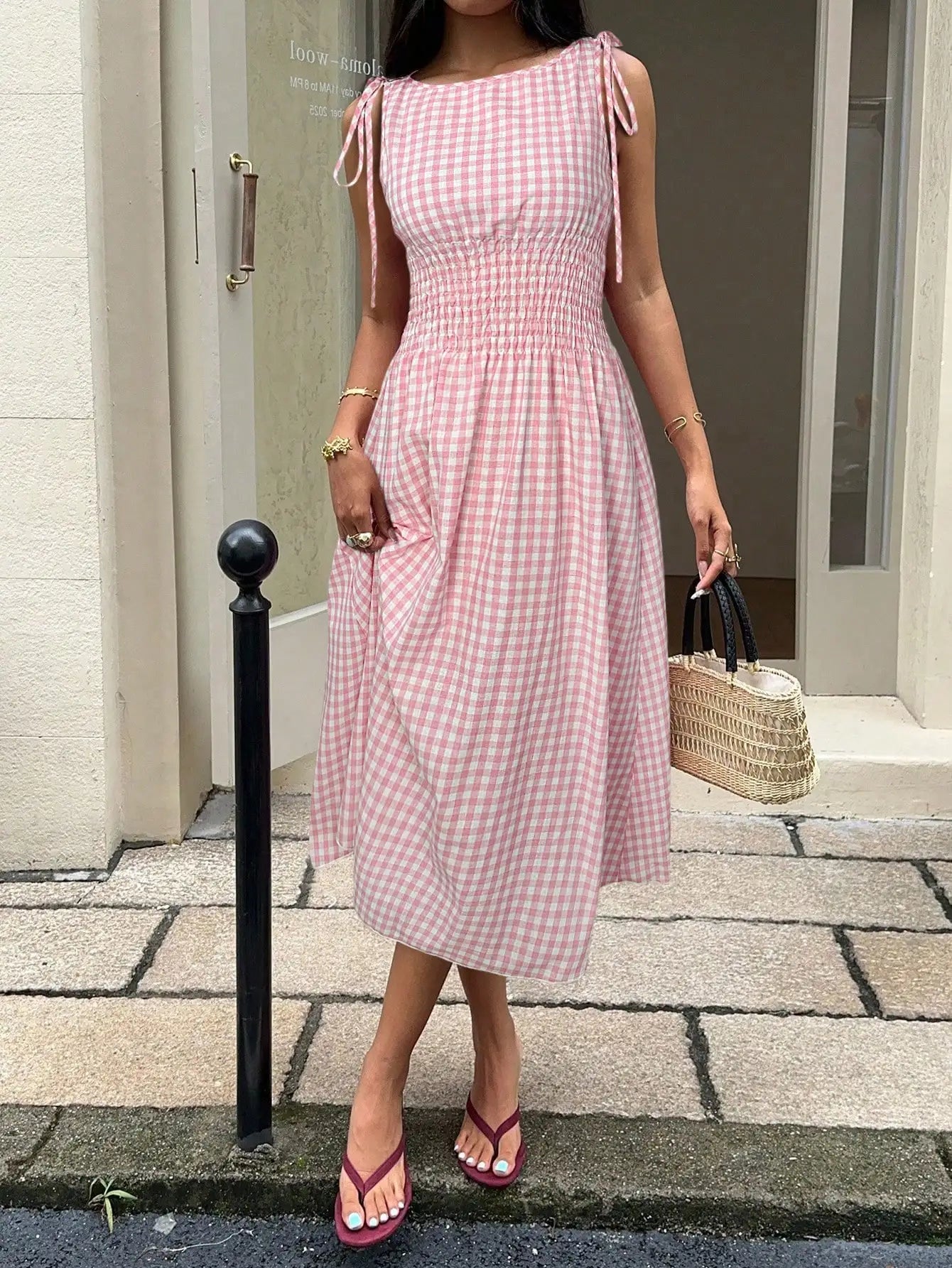 Blue Striped Midi Dress With Smocked Waist, Tie-Shoulder Detail, And Flowy Fit For Casual, Beach, Or Party Occasions