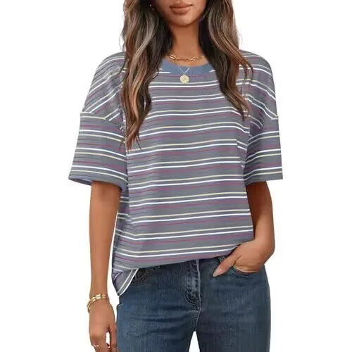 Women T-shirt Round Neck Color Block Stripe Print Daily Casual Loose Fit Soft Fabric Summer Basic Short Sleeve Tops
