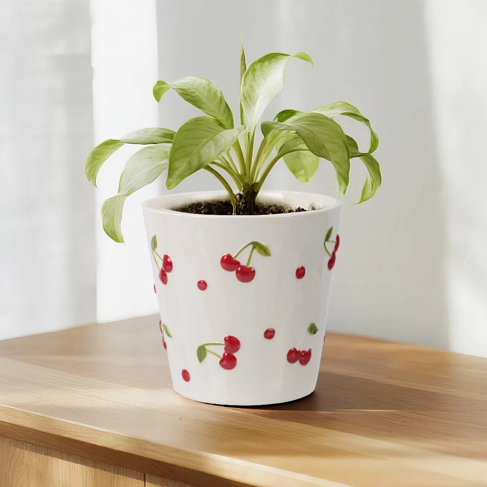 Round Ceramic Cherry Planter Pot for Plants Home Garden Decor Cream Red Flower Pot Handmade Art Pottery Vase with Drainage Hole
