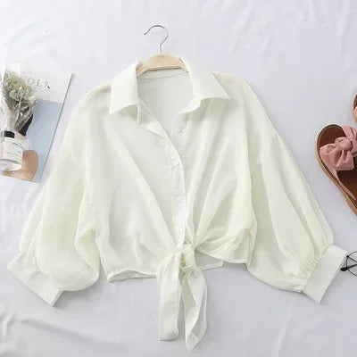 Chiffon Shirts Women 2022 Summer Half Sleeve Buttoned Up Shirt Loose Casual Blouse Tie Waist Elegant Blouses for Women