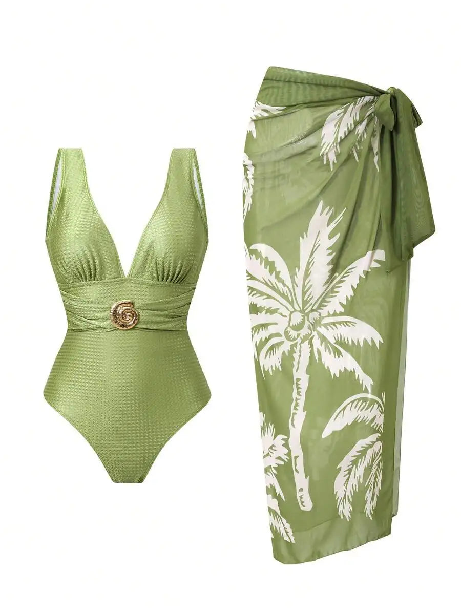 Women Blue Mesh Printed Long Skirt Beach Cover Up Swimsuit Set Summer Vacation