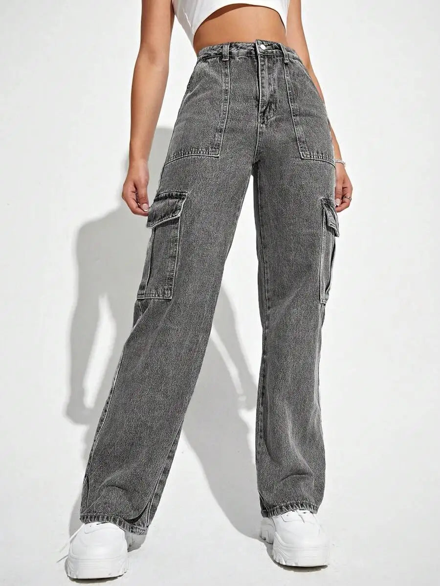 High Waist Flap Pocket Cargo Jeans Y2k Style Wide Leg Denim Pants
