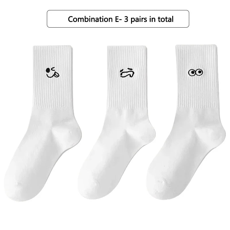 3/ 5 Pairs Women's Cartoon Socks Autumn Girls Cute Funny Expression Pattern Mid Tube Kawaii Casual Breathabl White Female Socks