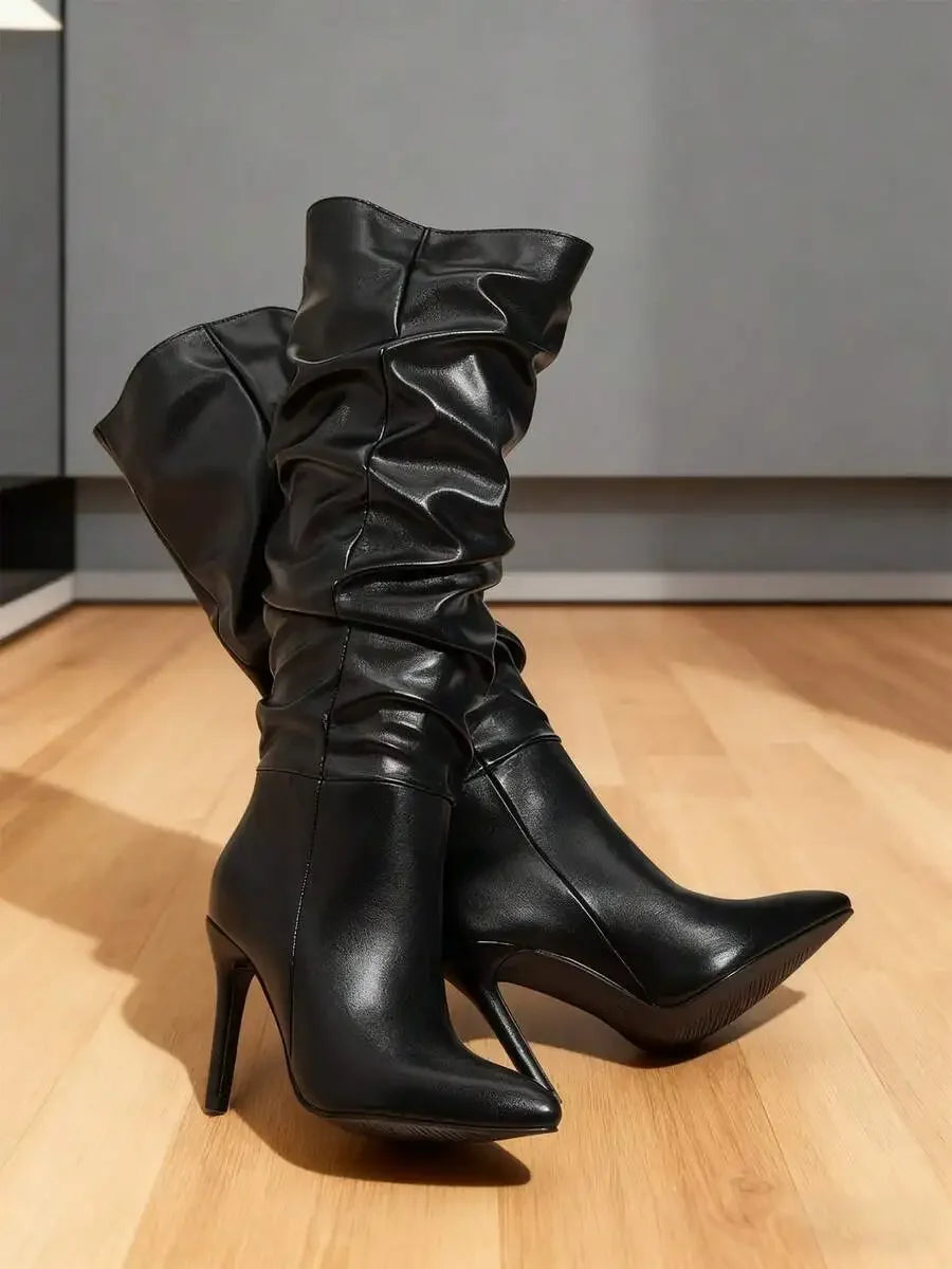 Womens Black Pleated Knee-High Pointed Toe High Heel Boots