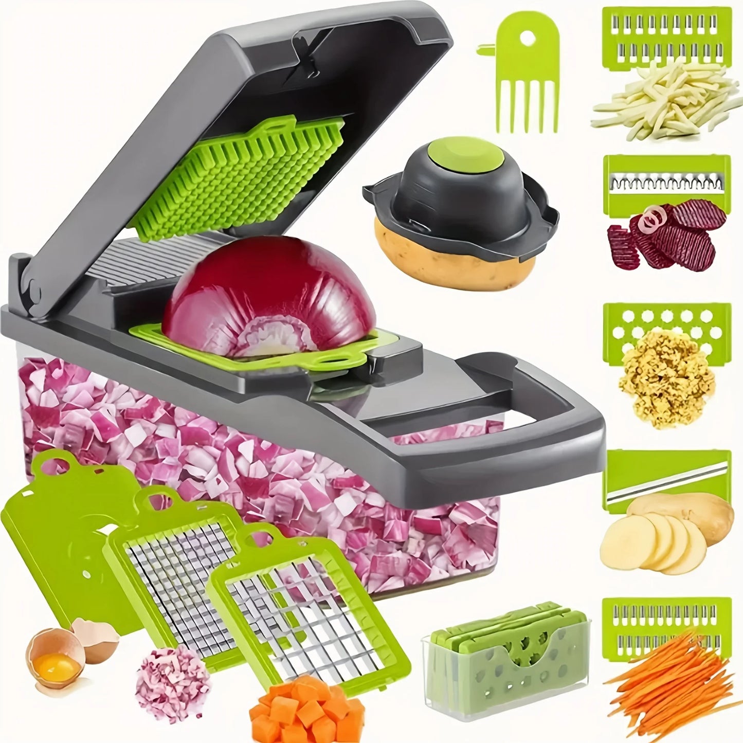 16-in-1 Manual Vegetable Chopper with Container & 8 Blades - Easy Onion, Carrot, Garlic Slicer - Father's Day Kitchen Gift