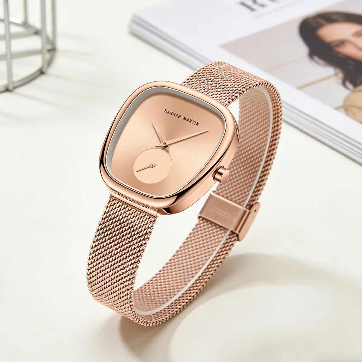 HANNAH MARTIN Watch Women Rose Gold Stainless Steel Mesh Belt 34mm Oval Timing Quartz Clock Suitable Work Commuter Couple Watch