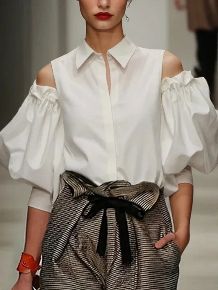 2026 Women Solid White Cold Shoulder Blouse Lapel Collar Puff Pleated Long Sleeve Button Front Loose Fit Elegant Office Daily Streetwear Party Date Vacation Women's Shirts Tops