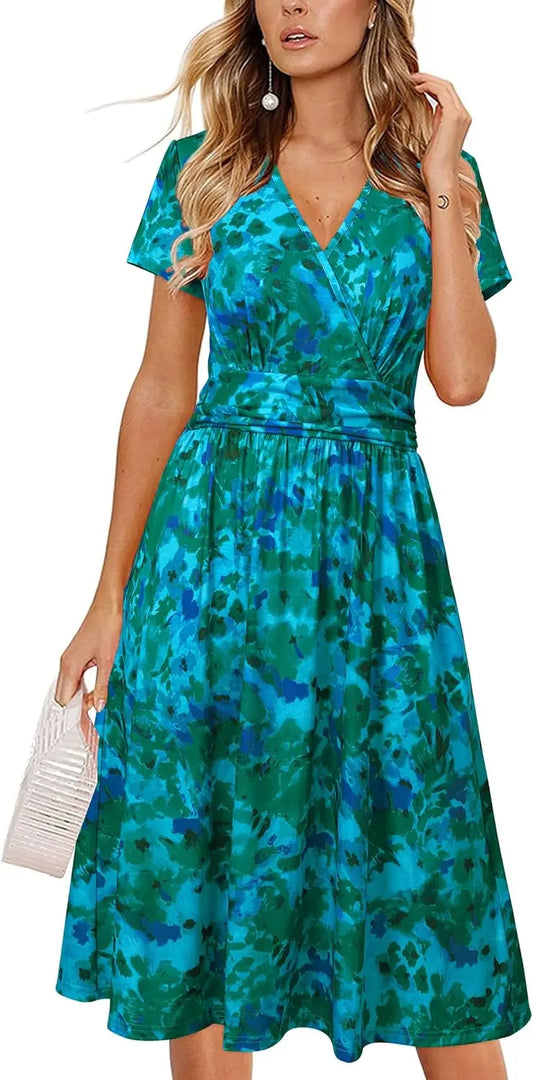 Women's Summer Wrap A-Line Midi Dress with Pocket and V-Neck