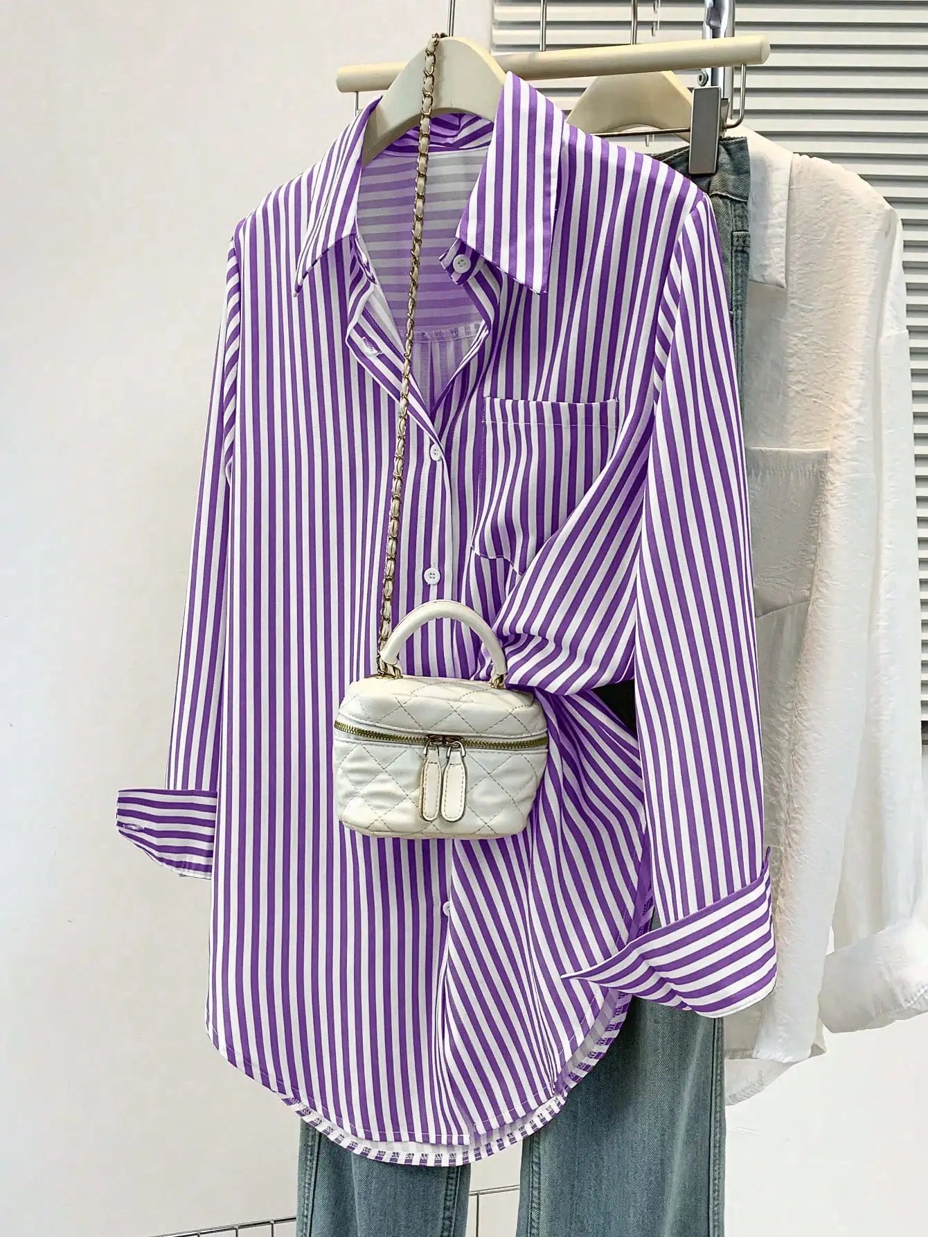Womens Casual Striped Pointed Collar Long Sleeve Button-Up Shirt