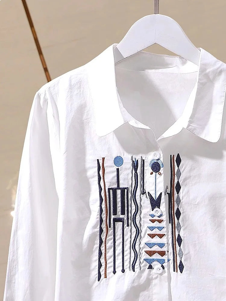 Designer-Inspired Vertical Stripe Slim-Fit Pure Cotton Embroidered Shirt Women Long Sleeve Blouse Ethnic Style