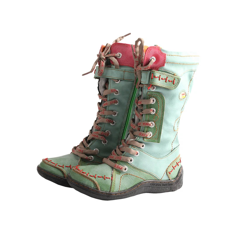 TMA EYES New Women'S Mid-Calf Boots Retro Handmade Lace-Up Winter Snow Boots Casual Warm Comfortable Footwear