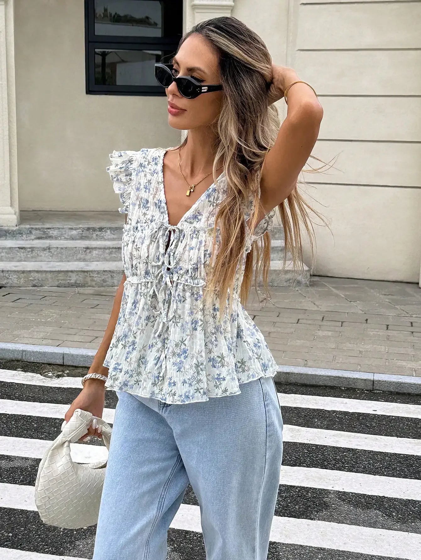 Floral Sleeveless Blouse With Ruffle V-Neck And Smocked Waist For Women Summer Casual Top