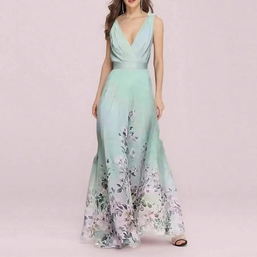 Elegant V-Neck Floral Print Waist-Cinching Floor-Length Dress For Women