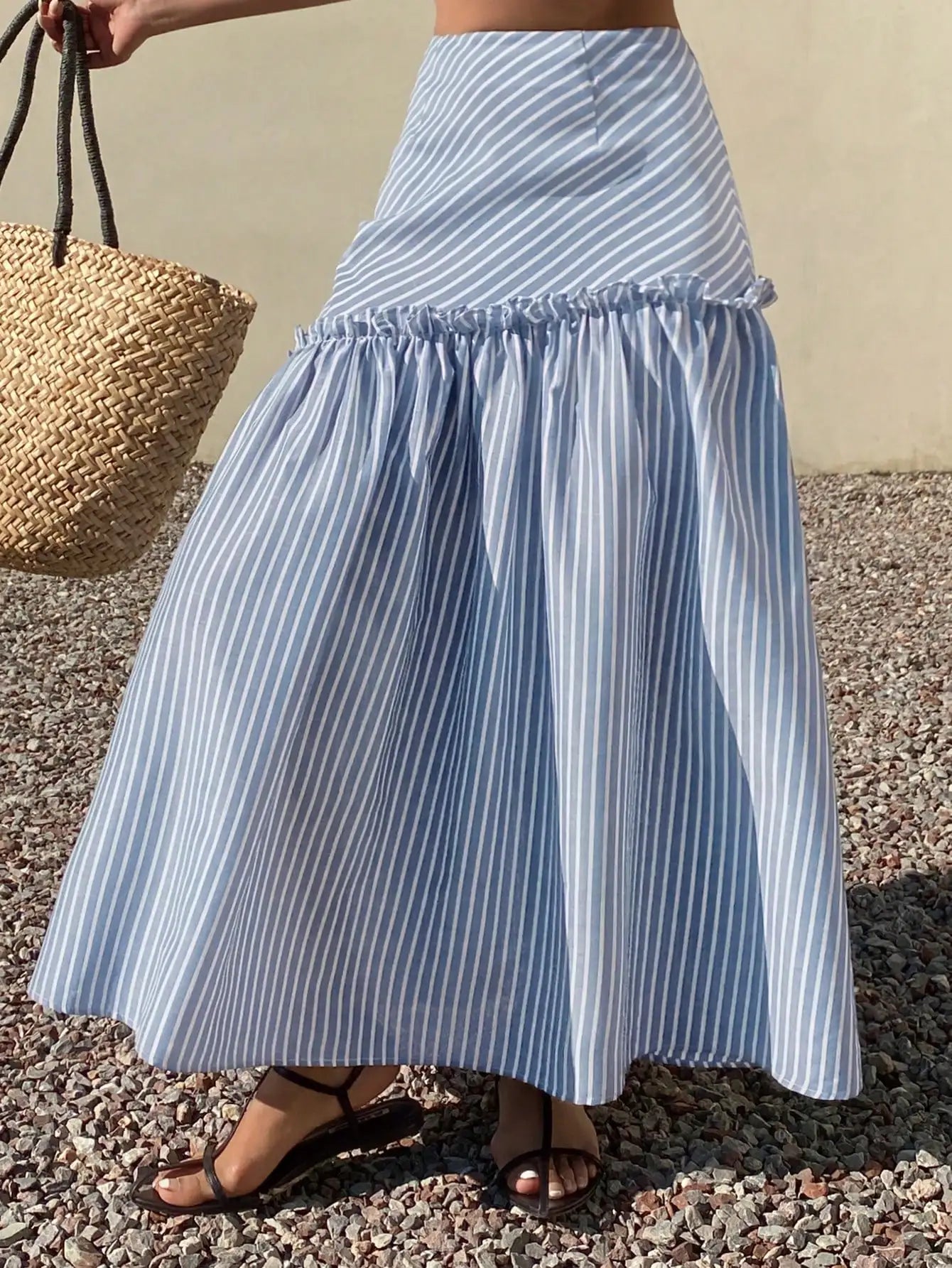 Livesso Loose Casual Vacation Style Beach Fashion Design Frill Asymmetric Striped Print High Waist Women Skirt, Spring/Summer