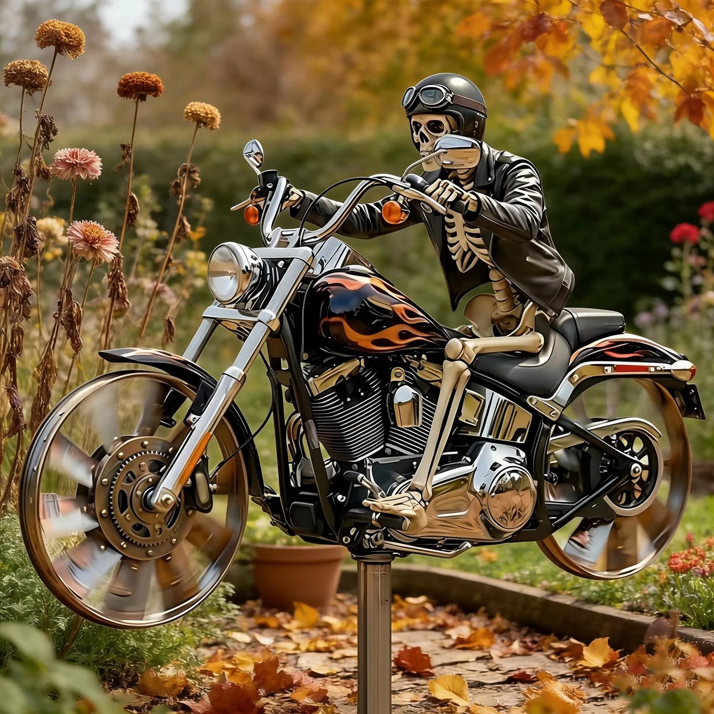 Skeleton Biker Motorcycle Wind Spinner with Rotating Wheel Metal Decorative Pinwheel Windmill for Outdoor Patio Garden Art Decor