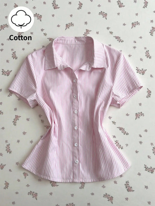 Pink And White Striped Cotton Blouse For Women, Collared Button Front Short Sleeve