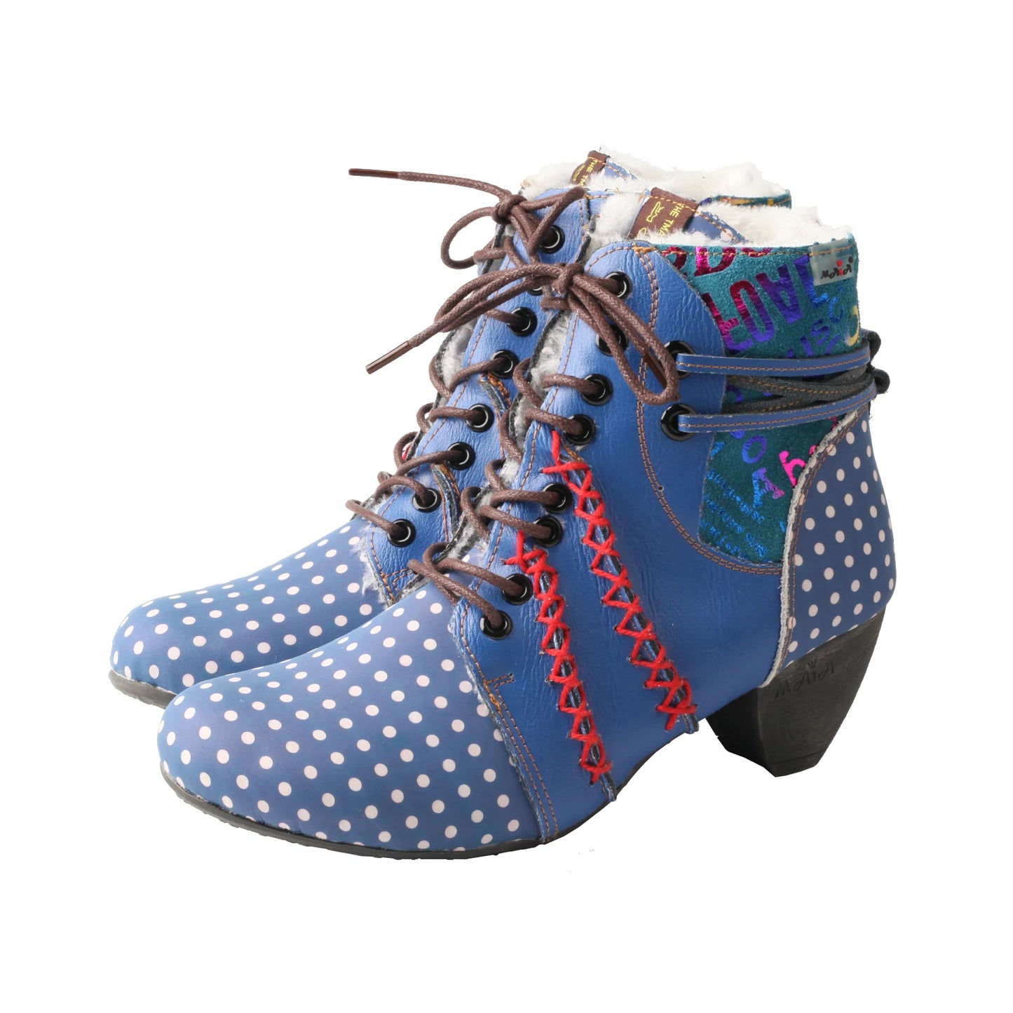 TMA EYES Women's Retro Polka Dot Mid Heel Boots Spring Autumn Winter Fashion Patchwork Chunky Heel Side Zipper Ankle Boots