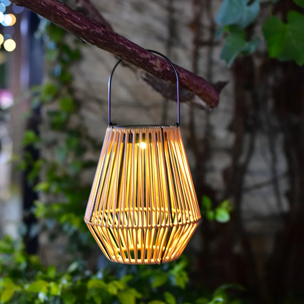 Outdoor Solar Lantern IP65 Waterproof with Handle Solar Hanging Lantern Light Rattan Bamboo Lamp for Yard Garden Home Decoration