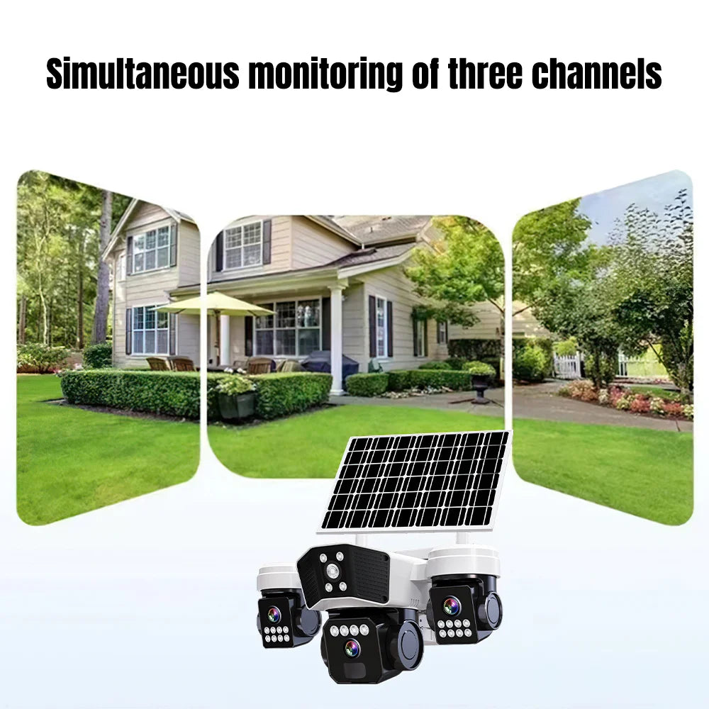 6MP Three Lens Solar Security Camera Wireless WiFi Outdoor PTZ Camera 3 Screen Full Color Night Vision Motion Detection Sound Light Alarm IP66 Waterproof Surveillance Cam