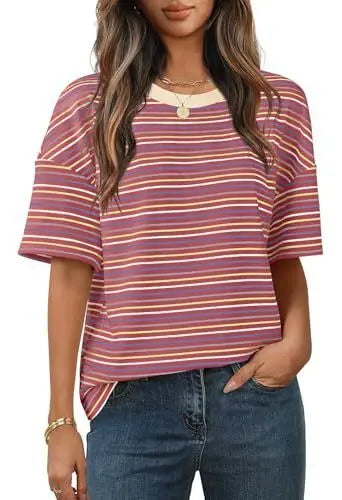 Women T-shirt Round Neck Color Block Stripe Print Daily Casual Loose Fit Soft Fabric Summer Basic Short Sleeve Tops