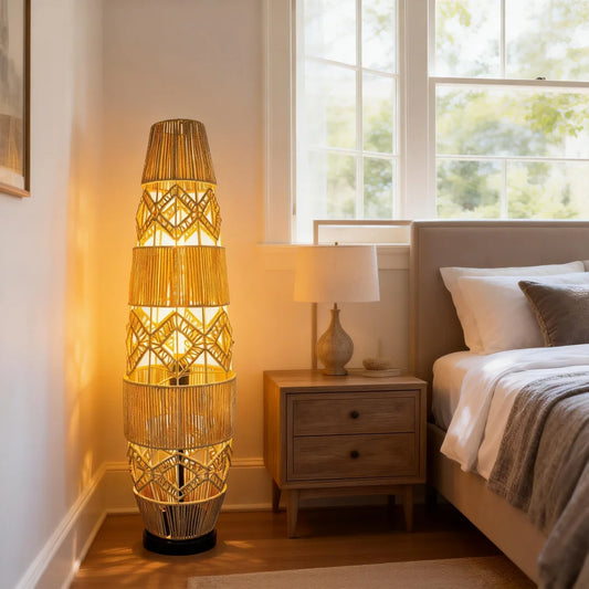 Tall Vintage Wicker Floor Lamp Woven Cane Rattan Art Ethnic LED Corner Floor Lamp Freestanding Night Light Living Room Sofa Side