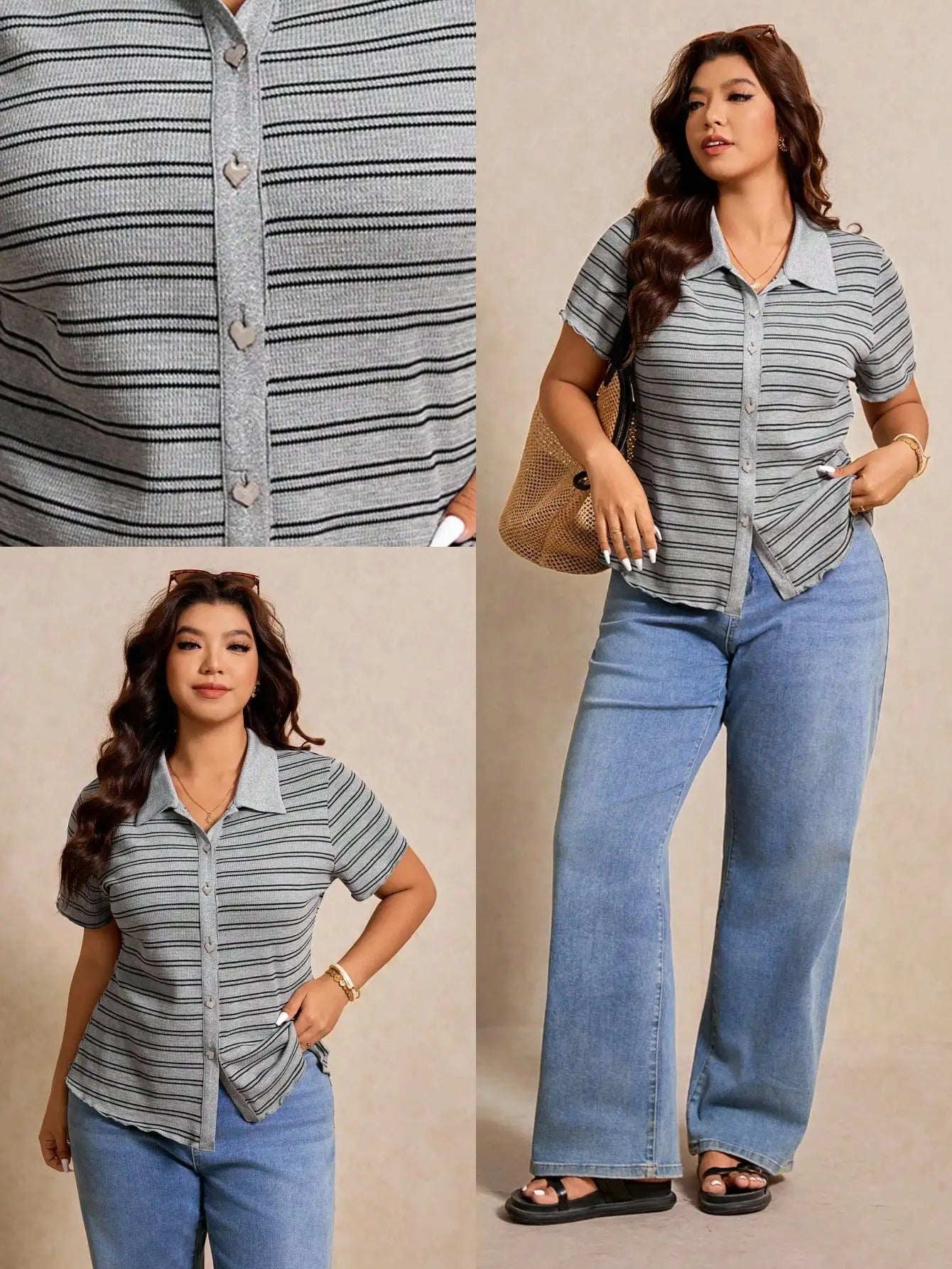 Striped Button Front Polo Shirt Short Sleeve Casual Office Elegant Women's Top