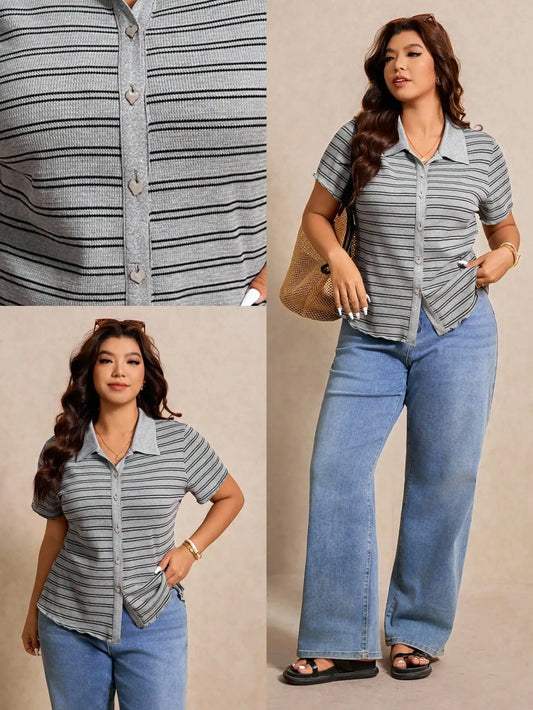 Striped Button Front Polo Shirt Short Sleeve Casual Office Elegant Women's Top