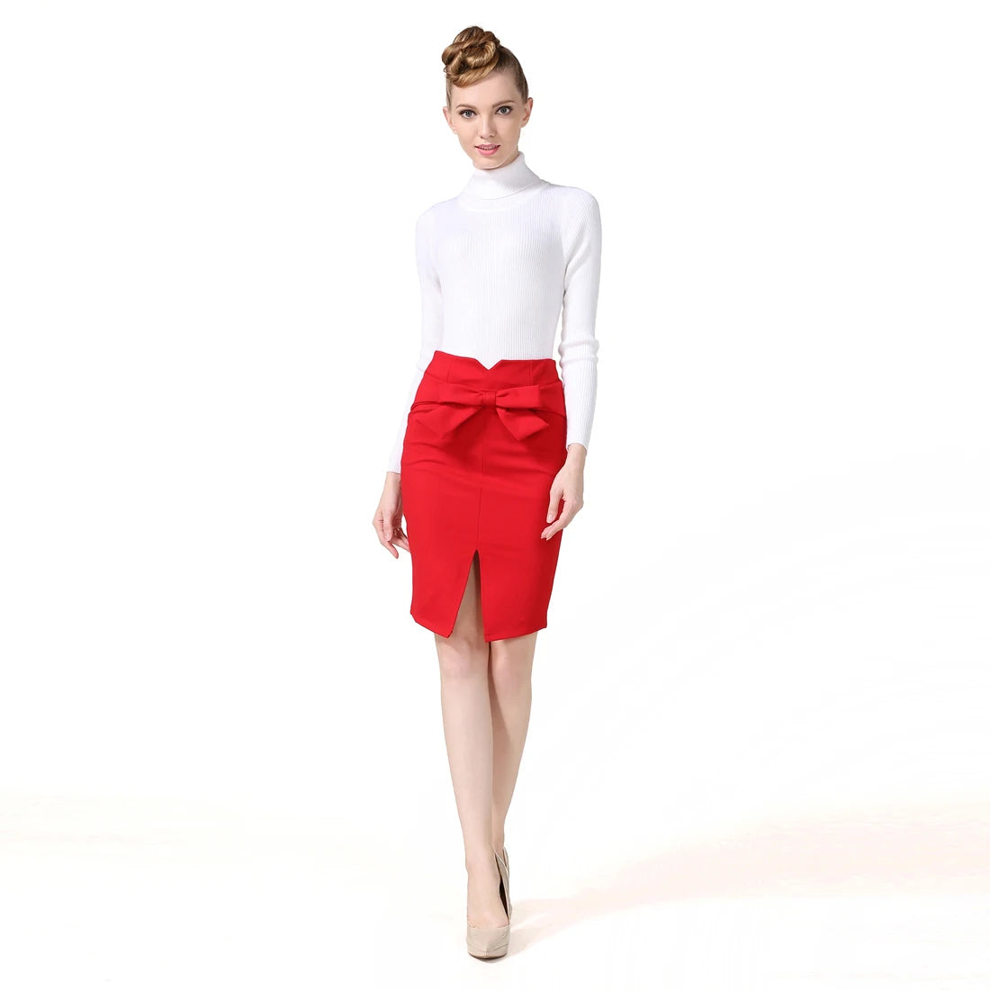 New Women Pencil Skirt Knee Length High Waist Elegant Open Slit Bow Skirt